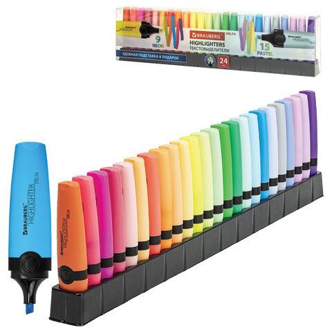 Набор текстовыделителей 24 ЦВЕТА на подставке, BRAUBERG "DELTA", 15 пастельных цветов + 9 неоновых цветов, линия 1-5 мм, 152506