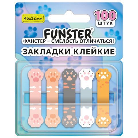Закладки клейкие Z-сложения FUNSTER (ФАНСТЕР) "Лапки котов", 45х12 мм, 100 шт., (5 цветов х 20 листов), в диспенсере, 116691