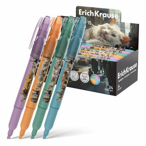 Текстовыделитель ERICH KRAUSE V-15 "Big City Cats", АССОРТИ В ДИСПЛЕЕ, линия 0,6-3,5 мм, 63368