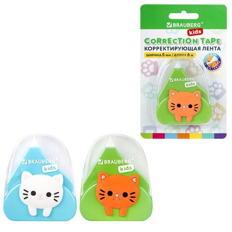 Корректирующая лента BRAUBERG KIDS "Котенок", 5 мм х 6 м, корпус ассорти, блистер, 272494
