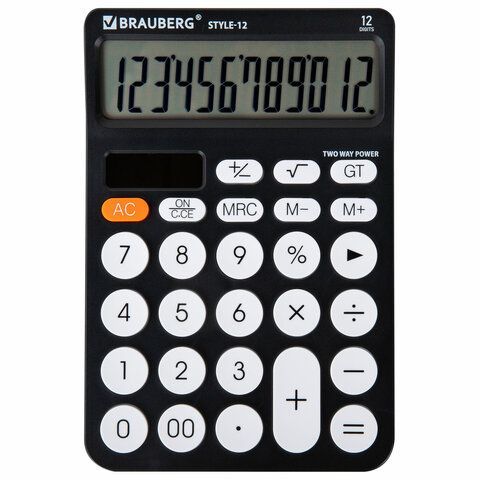 Калькулятор настольный BRAUBERG STYLE-12-BK (157х106мм), 12 разрядов, двойное питание, ЧЕРНЫЙ, 272965