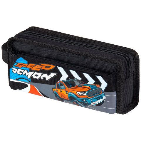 Пенал ЮНЛАНДИЯ ЮНИОР, 2 отделения, с ручкой, полиэстер, Speed demon, 21х8х6 см, 273817