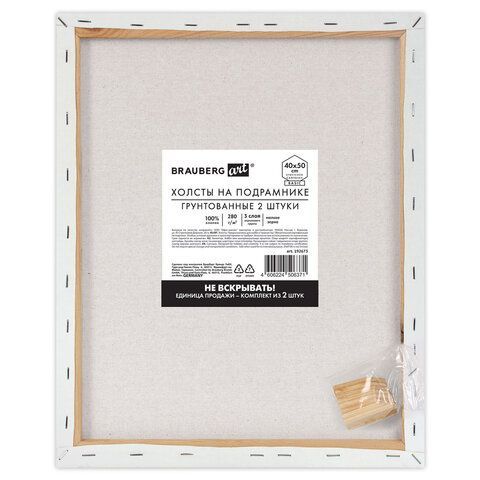 Холсты на подрамнике, набор 2 штуки BRAUBERG ART BASIC 40*50 см, 280 г/м2, хлопок, грунт, 192673