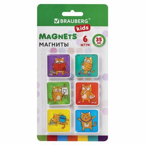 Магниты квадратные стеклянные 35 мм для досок магнитно-маркерных, НАБОР 6 шт., "КОТ-ЭНТУЗИАСТ" BRAUBERG KIDS, блистер, 272514