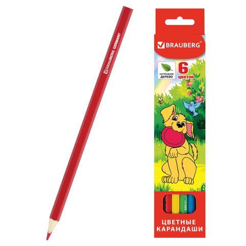 Карандаши цветные BRAUBERG "My lovely dogs", 6 цветов, заточенные, картонная упаковка, 180518