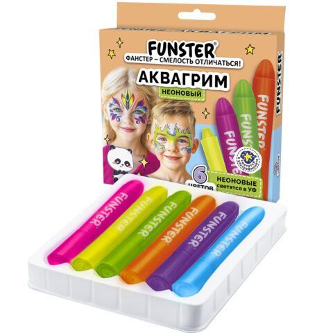 Аквагрим для лица и тела 6 НЕОНОВЫХ цветов FUNSTER, легко смываются, 192573