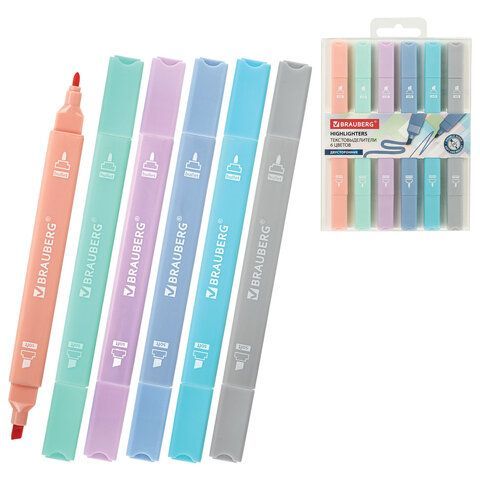 Набор текстовыделителей двусторонних 6 ПАСТЕЛЬНЫХ ЦВЕТОВ, BRAUBERG "Macaroon", мягкий наконечник, скошенный 1-5 мм/пулевидный 1 мм, 152513
