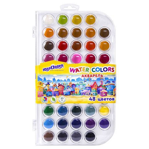 Краски акварельные ЮНЛАНДИЯ "ДОМИКИ" 48 цветов, круглые кюветы 23 мм, пенал, 192634