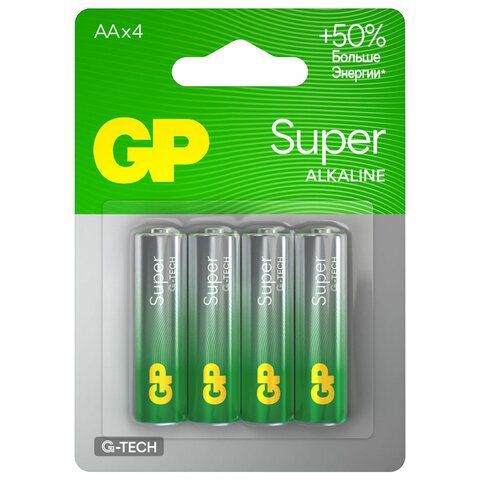 Батарейки КОМПЛЕКТ 4 шт., GP Super, AA (LR06, 15А), алкалиновые, пальчиковые, блистер