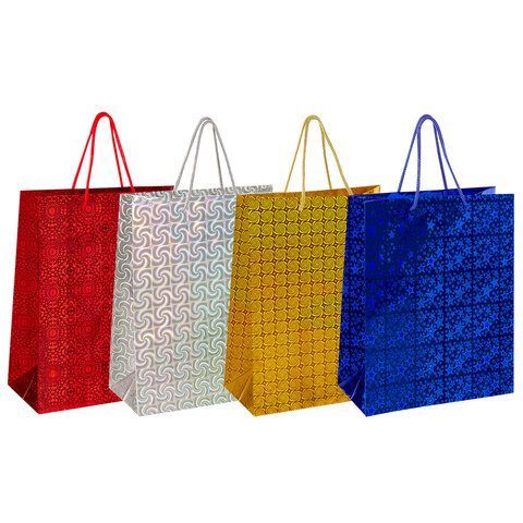 Пакет подарочный 32x26x13см (L) НАБОР 4шт, голография, ассорти 4 цвета, ЗОЛОТАЯ СКАЗК, 609734