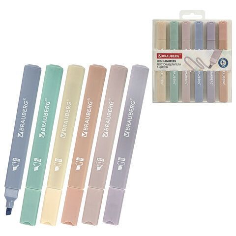 Набор текстовыделителей двусторонних 6 ЦВЕТОВ МОРАНДИ, BRAUBERG "Morandi", мягкий скошенный наконечник 1-5 мм, 152516