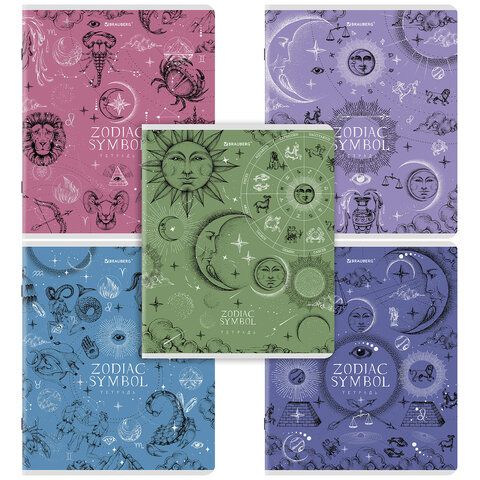 Тетрадь А5, 48 л., BRAUBERG, скоба, клетка, матовая ламинация, фольга, "Zodiac Symbol", 404369