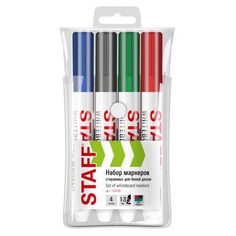 Маркеры стираемые для белой доски НАБОР 4 ЦВЕТА, STAFF "BASIC" WBM-200, 1-3 мм, ххххх, 152639