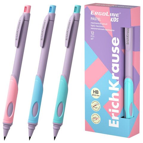 Карандаш механический 2 мм ERICH KRAUSE ErgoLine Kids Pastel, HB, с точилкой, ассорти, 63833