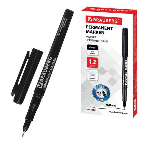 Маркер перманентный BRAUBERG "Super Slim", ЧЕРНЫЙ, тонкий металлический наконечник 0,8 мм, 151632
