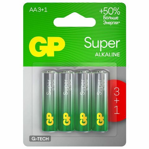 Батарейки GP Super, AA (LR6, 15А), алкалиновые, пальчиковые, КОМПЛЕКТ 4 шт., ПРОМО 3+1, 15A3/1-2CR4
