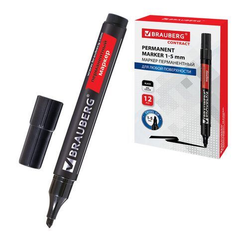 Маркер перманентный BRAUBERG "Contract", ЧЕРНЫЙ, скошенный наконечник, 1-5 мм, 150469