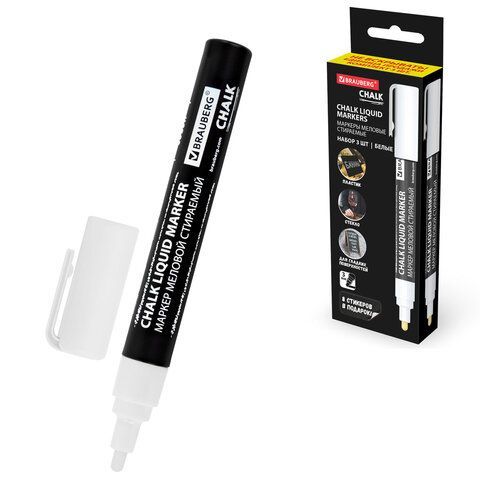 Маркеры меловые CHALK LIQUID MARKER, БЕЛЫЕ, НАБОР 3 шт., 3 мм, СТИКЕРЫ В ПОДАРОК, BRAUBERG, 152595