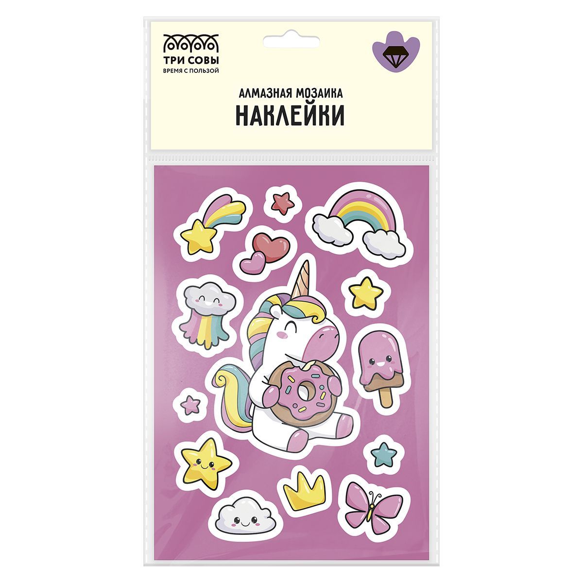 Алмазная мозаика, наклейки ТРИ СОВЫ "Единорог и пончик", пакет с европодвесом