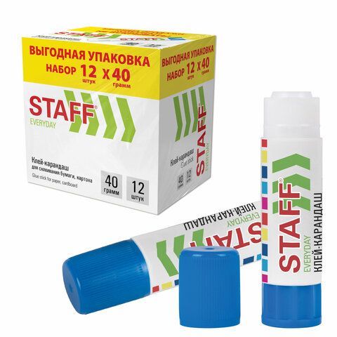 Клей-карандаш 40 г, ВЫГОДНАЯ УПАКОВКА, КОМПЛЕКТ 12 ШТУК, STAFF EVERYDAY, 273019