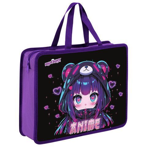 Папка на молнии с ручками ЮНЛАНДИЯ А4, 1 отделение, пластик, 80 мм, Anime fan, 273362