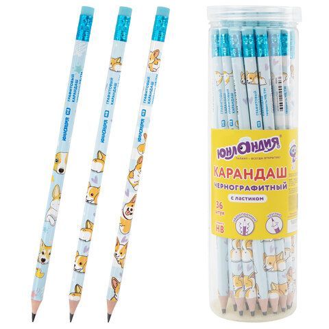 Карандаш чернографитный ЮНЛАНДИЯ "КОРГИ", 1 шт, HB, с ластиком, корпус ассорти, 182009