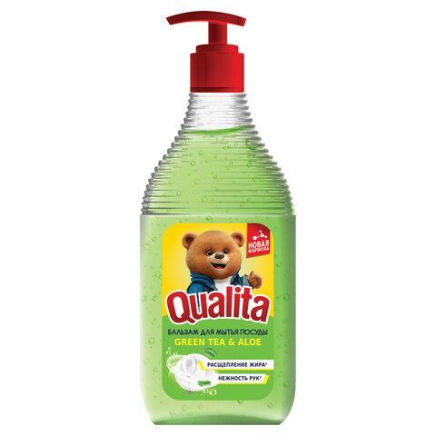 Средство для мытья посуды 500мл QUALITA "Бальзам Green tea & Aloe", дозатор, 14483 