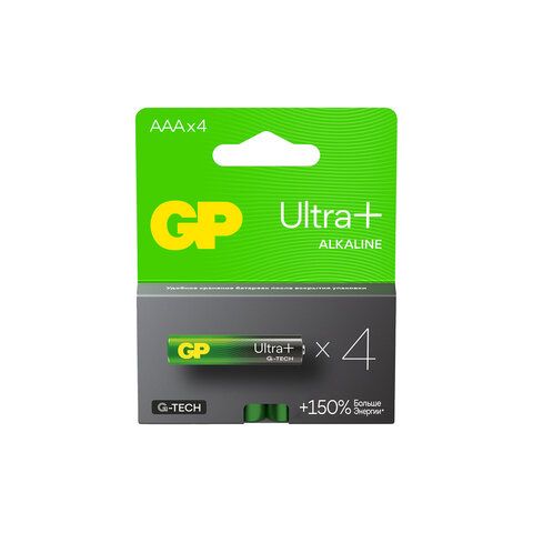 Батарейки КОМПЛЕКТ 4 шт., GP Ultra Plus, AAA (LR03, 24 А), алкалиновые, мизинчиковые, 24AUPNEW-2CR4
