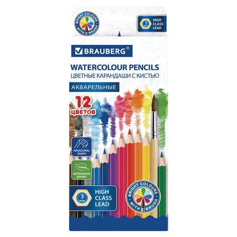 Карандаши цветные акварельные классические мягкие BRAUBERG, 12 цветов, с КИСТЬЮ, 181848