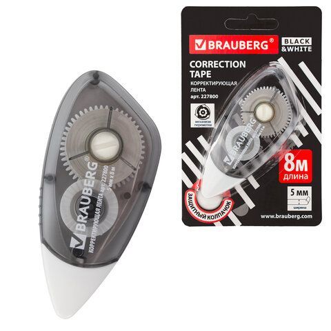 Корректирующая лента BRAUBERG BLACK&WHITE 5 мм х 8 м, корпус черный тонированный, механизм перемотки, блистер, 227800