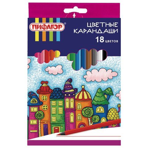 Карандаши цветные ПИФАГОР "СКАЗОЧНЫЙ ГОРОД", 18 цветов, черный пластик, заточенные, 181584