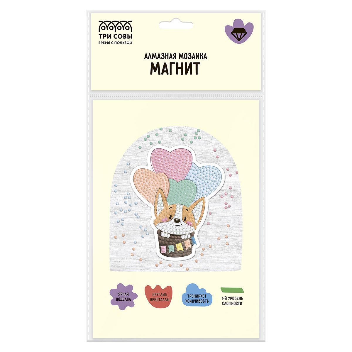 Алмазная мозаика, магнит ТРИ СОВЫ "Корги-путешественник", пакет с европодвесом