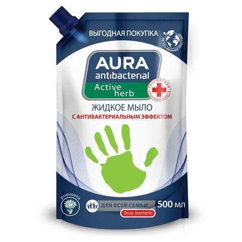 Мыло жидкое антибактериальное для всей семьи 500мл AURA АНТИБАКТЕРИАЛЬНАЯ "Ромашка", дой-пак, 10510 