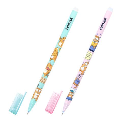 Ручка стираемая гелевая с принтом FUNSTER "КОТ-ЭНТУЗИАСТ", СИНЯЯ, корпус ассорти, игольчатый наконечник 0,5 мм, линия 0,35 мм, 144414