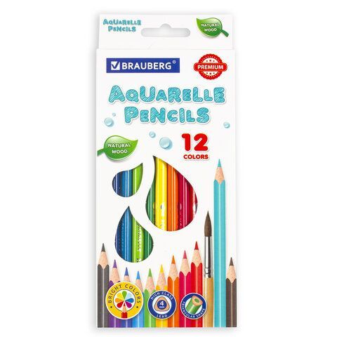 Карандаши цветные акварельные BRAUBERG PREMIUM AQUARELLE, 12 цветов, грифель мягкий 4 мм, 181671