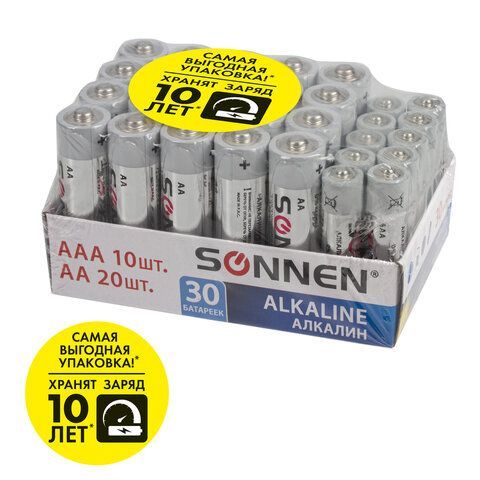 Батарейки КОМПЛЕКТ 30 (20+10) шт., SONNEN Alkaline, AA+ААА (LR6+LR03), в коробке, 455097 Батарейки КОМПЛЕКТ 30 (20+10) шт., SONNEN Alkaline, AA+ААА (LR6+LR03), в коробке, 455097