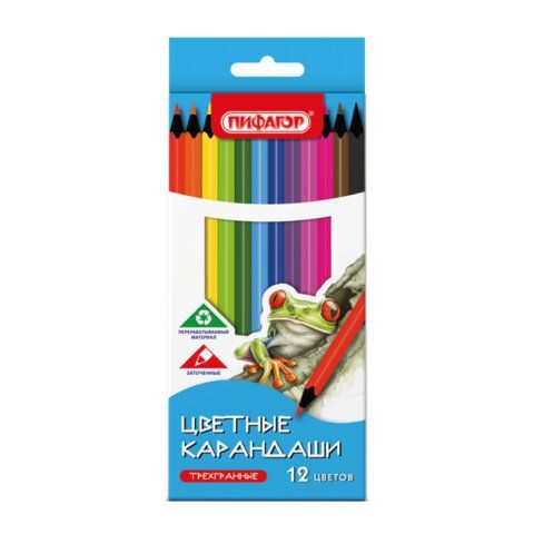 Карандаши цветные ПИФАГОР СТАНДАРТ 12 цветов, трехгранный корпус, 182087