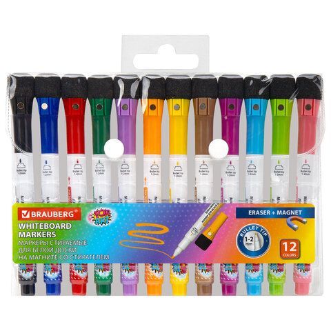 Маркеры на магните со стирателем для белой доски и планера, 12 ЦВЕТОВ, BRAUBERG POP-ART, 1-2 мм, 152568