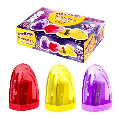 Точилка ЮНЛАНДИЯ "Спутник", с контейнером, пластиковая, корпус ассорти, 228447