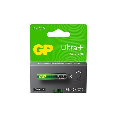 Батарейки КОМПЛЕКТ 2 шт., GP Ultra Plus G-Tech, AAA (LR03), алкалиновые, мизинчиковые, 24AUPA21-2CRSB2