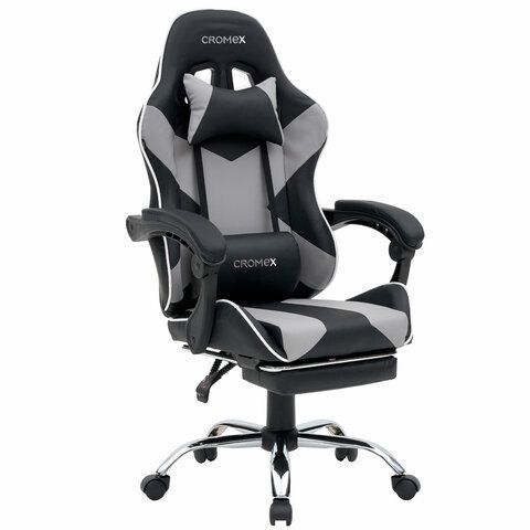Кресло компьютерное CROMEX "Wave GM-145", вибромассаж, подножка, подушки, экокожа, черное/серое, 532956