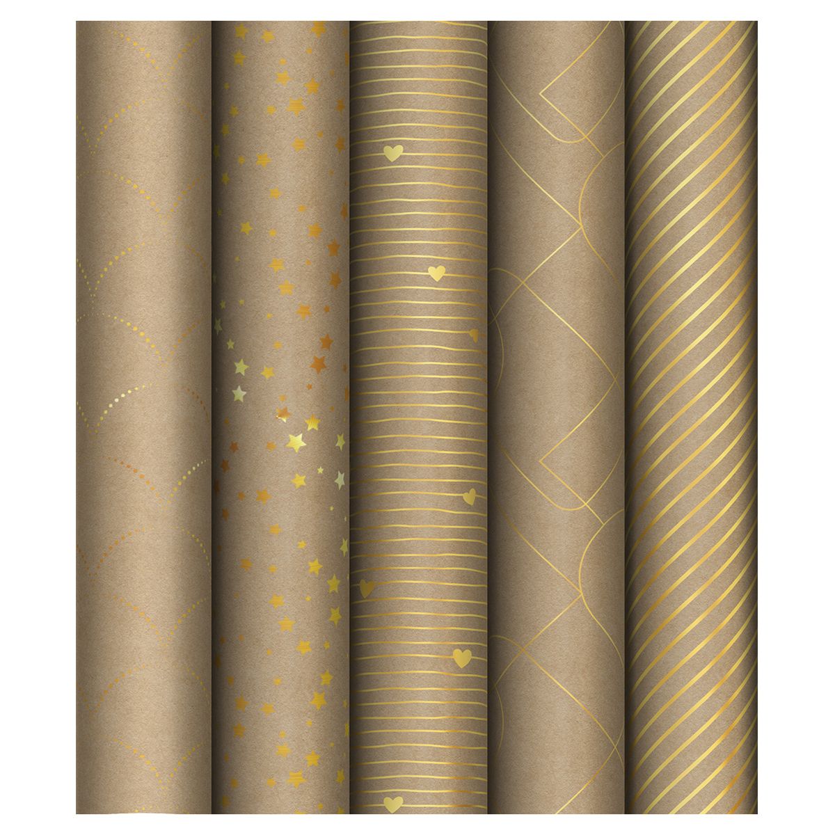 Упаковочная бумага крафт 70*100см, MESHU "Golden Pattern", 80г/м2, отд. фольгой, ассорти 5 дизайнов
