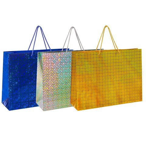 Пакет подарочный горизонтальный 33x45x13см (XL) НАБОР 3шт, голография, ассорти ЗОЛОТА, 609736