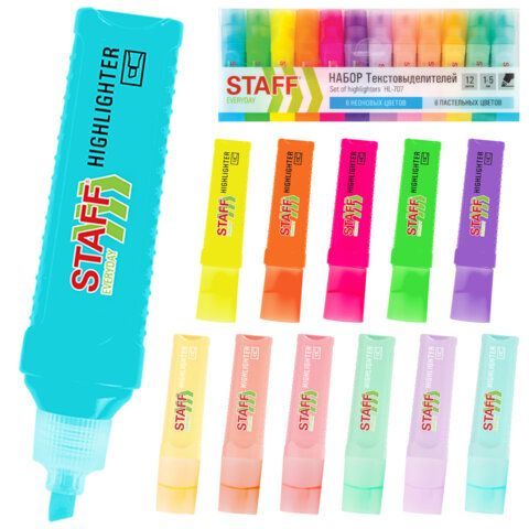 Набор текстовыделителей 12 ЦВЕТОВ, STAFF EVERYDAY HL-707, 6 неоновых цветов + 6 пастельных цветов, линия 1-5 мм, скошен. наконечник, 152552