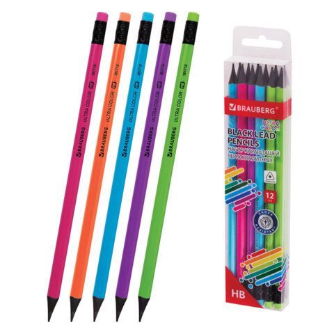 Набор карандашей чернографитных BRAUBERG "ULTRA COLOR" 12 шт., HB, с ластиком, пластиковые, 181710