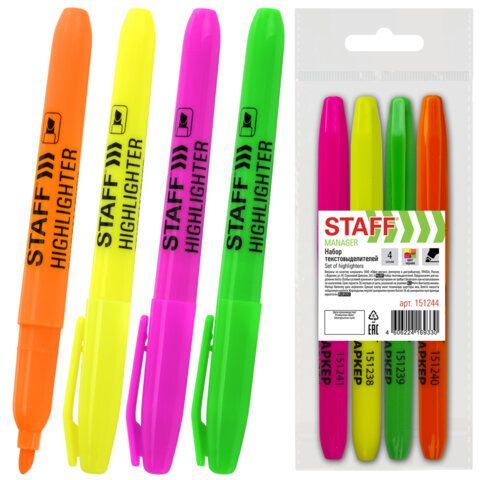 Набор текстовыделителей STAFF "Manager" HL-238, 4 шт., АССОРТИ, линия 1-3 мм, 151244