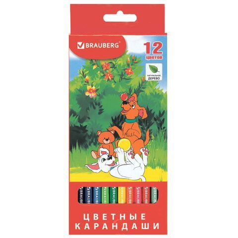 Карандаши цветные BRAUBERG "My lovely dogs", 12 цветов, заточенные, картонная упаковка, 180531
