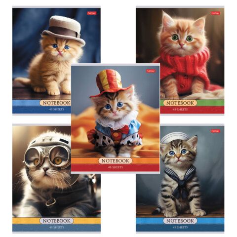 Тетрадь А5 48 л., HATBER скоба, клетка, обложка картон, "Котики-артисты" (микс в спайке), 085664, 48Т5В1