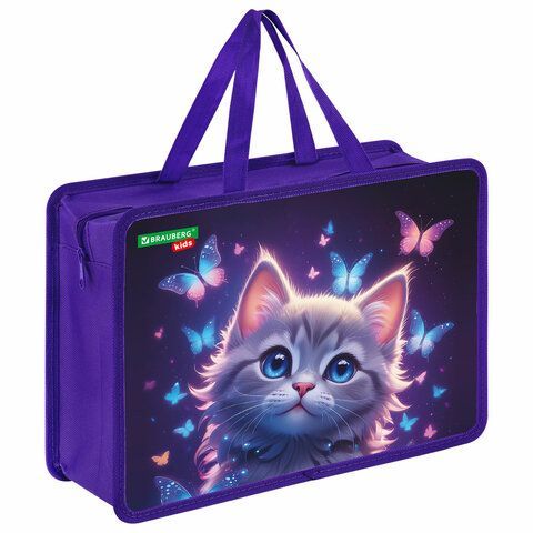 Папка на молнии с ручками BRAUBERG KIDS А4, 1 отделение, пластик, 100 мм, "Curious cat", 273376