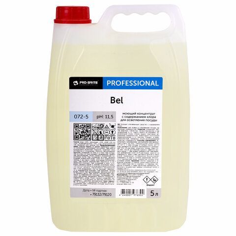 Средство для мытья посуды, 5 л, PRO-BRITE BEL, с хлором, отбеливание, концентрат, 072-5 